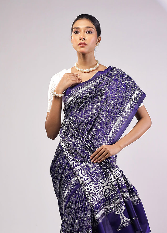Blue Handloom Kantha Stitch Pure Silk Saree With Blouse Piece