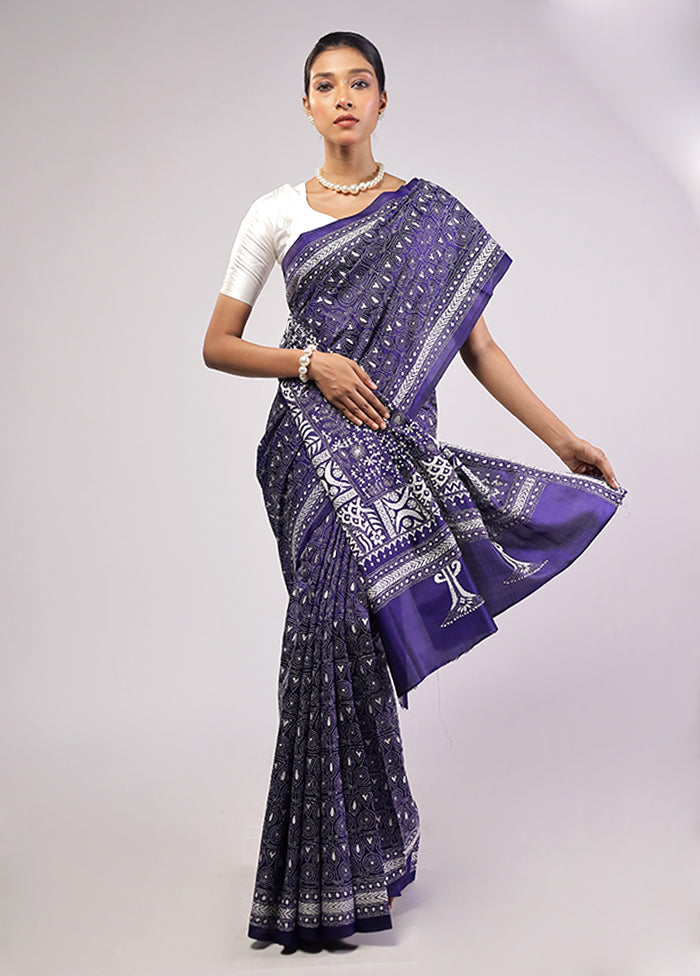 Blue Handloom Kantha Stitch Pure Silk Saree With Blouse Piece