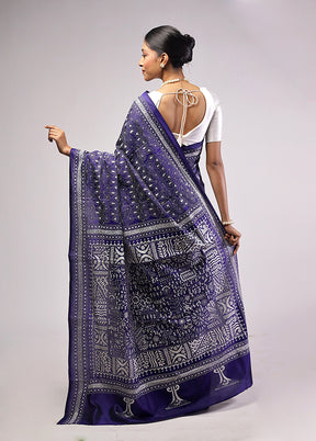 Blue Handloom Kantha Stitch Pure Silk Saree With Blouse Piece