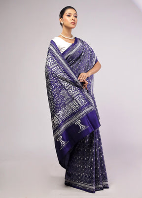 Blue Handloom Kantha Stitch Pure Silk Saree With Blouse Piece