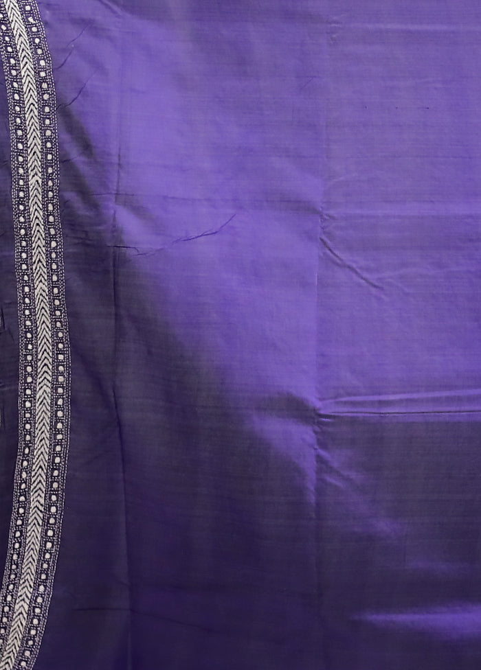Blue Handloom Kantha Stitch Pure Silk Saree With Blouse Piece
