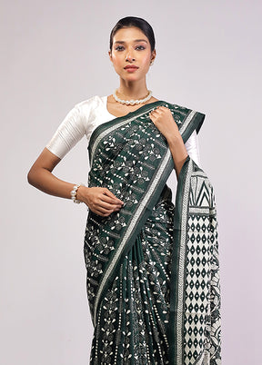 Green Handloom Kantha Stitch Pure Silk Saree With Blouse Piece