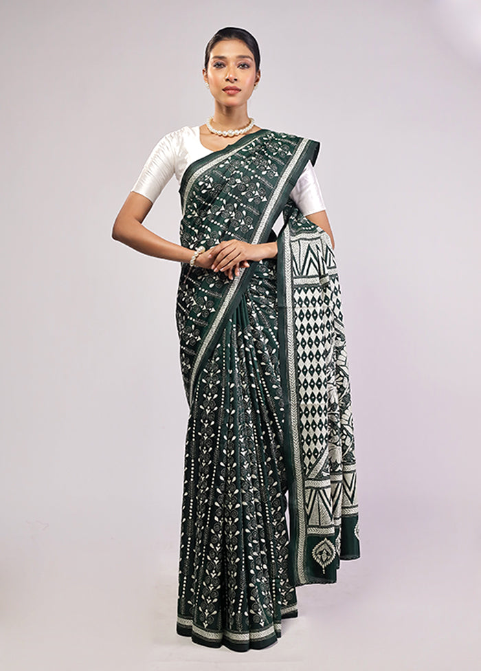Green Handloom Kantha Stitch Pure Silk Saree With Blouse Piece