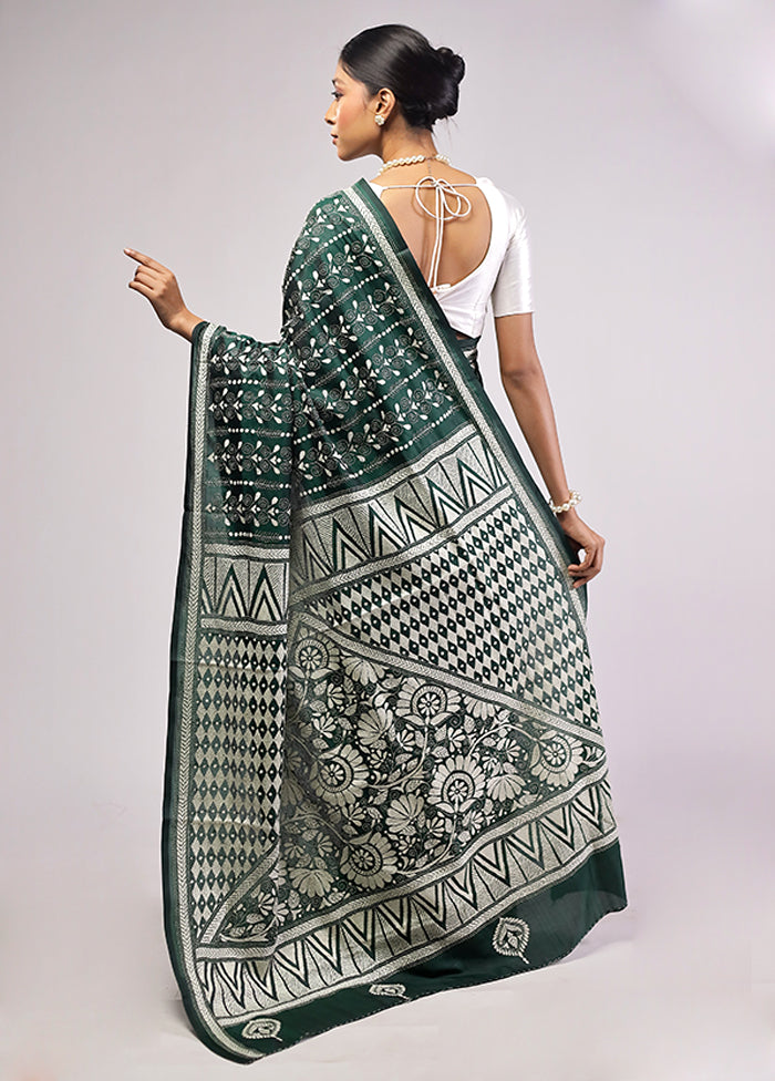 Green Handloom Kantha Stitch Pure Silk Saree With Blouse Piece