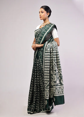 Green Handloom Kantha Stitch Pure Silk Saree With Blouse Piece