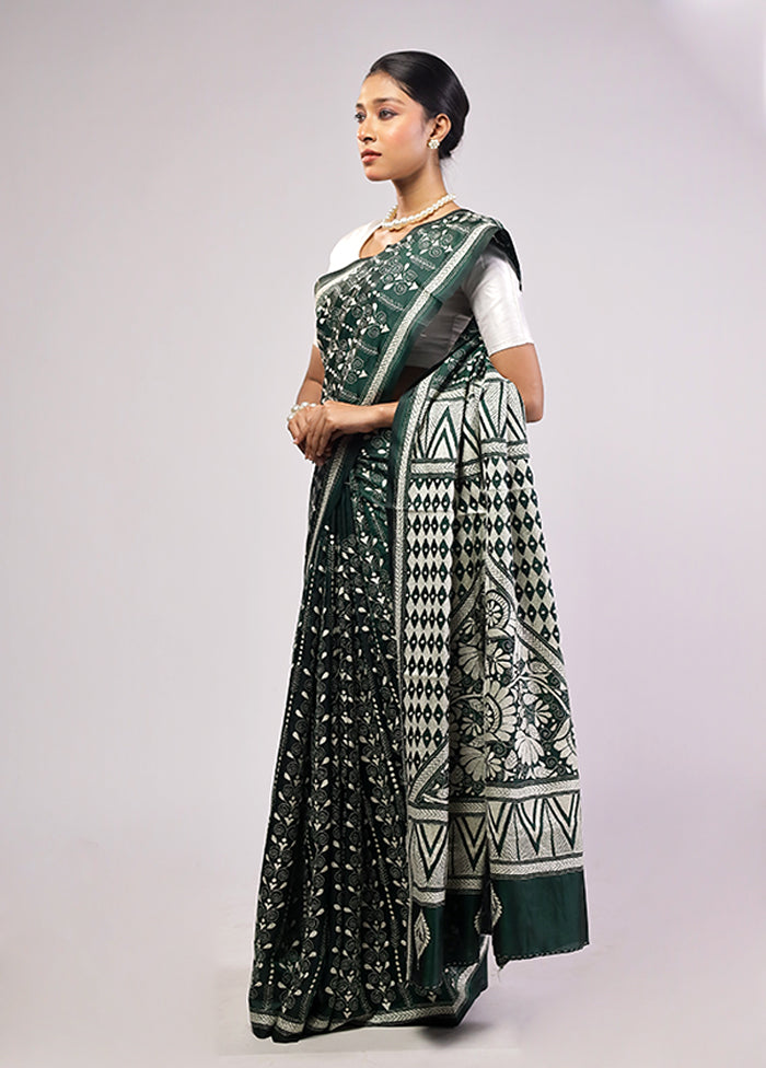 Green Handloom Kantha Stitch Pure Silk Saree With Blouse Piece