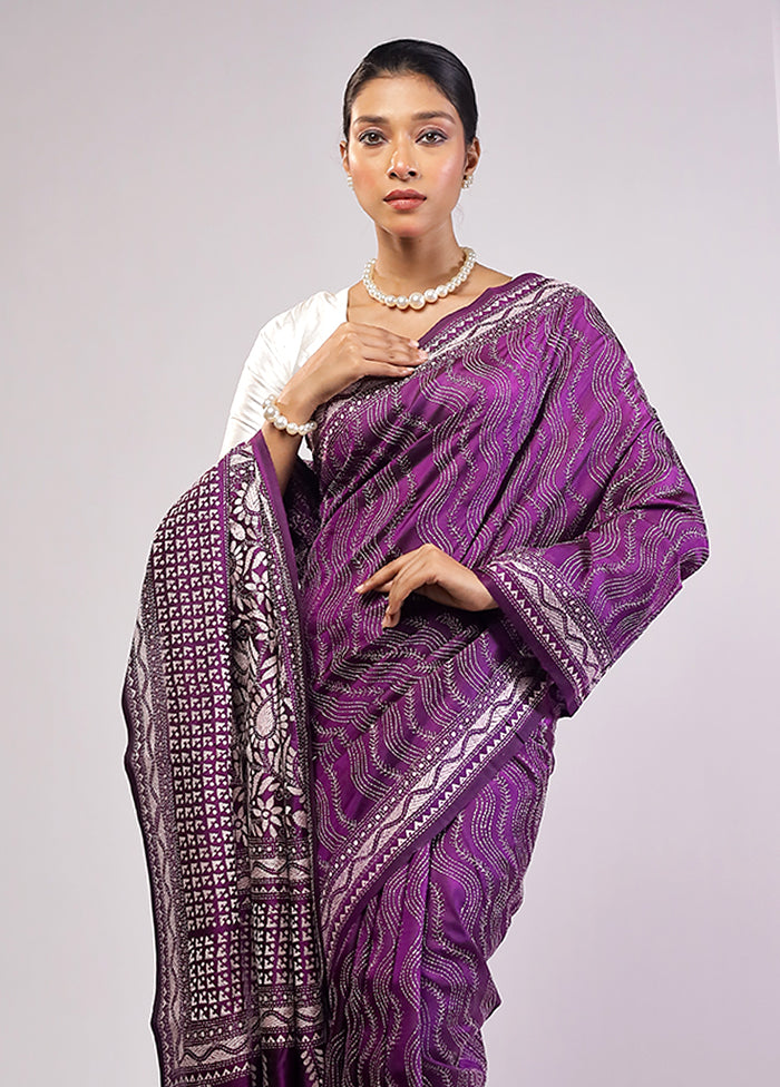 Purple Handloom Kantha Stitch Pure Silk Saree With Blouse Piece
