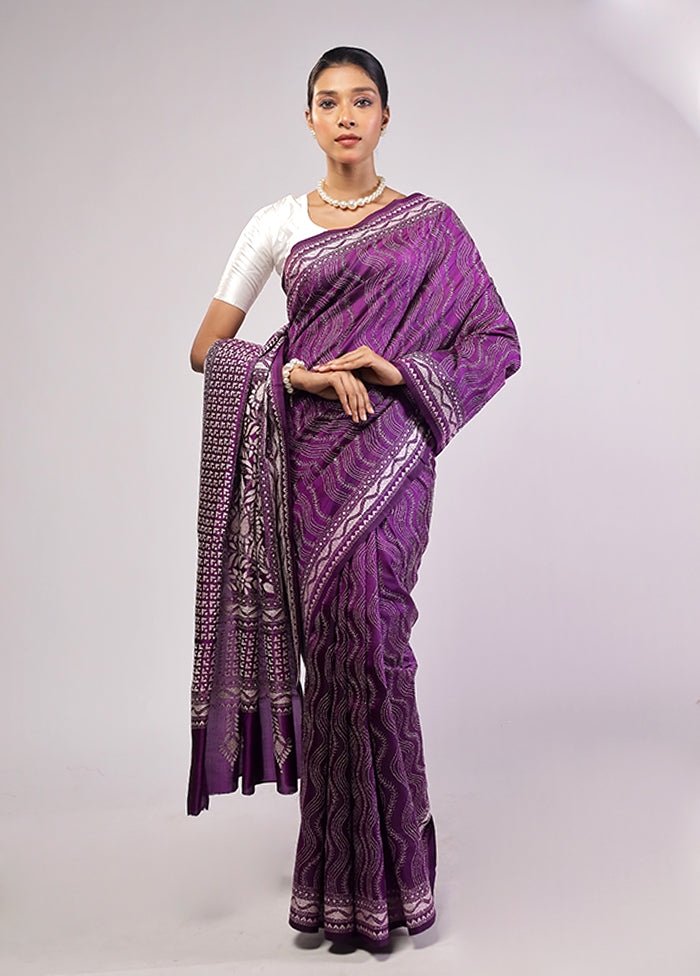 Purple Handloom Kantha Stitch Pure Silk Saree With Blouse Piece
