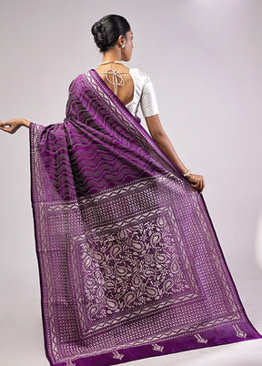 Purple Handloom Kantha Stitch Pure Silk Saree With Blouse Piece