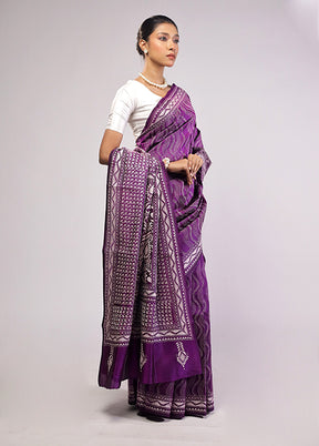 Purple Handloom Kantha Stitch Pure Silk Saree With Blouse Piece