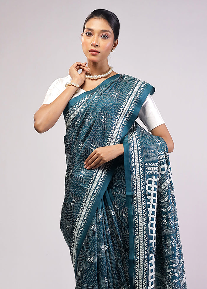 Green Handloom Kantha Stitch Pure Silk Saree With Blouse Piece