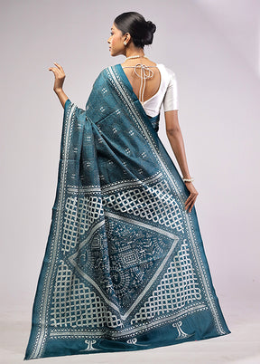 Green Handloom Kantha Stitch Pure Silk Saree With Blouse Piece