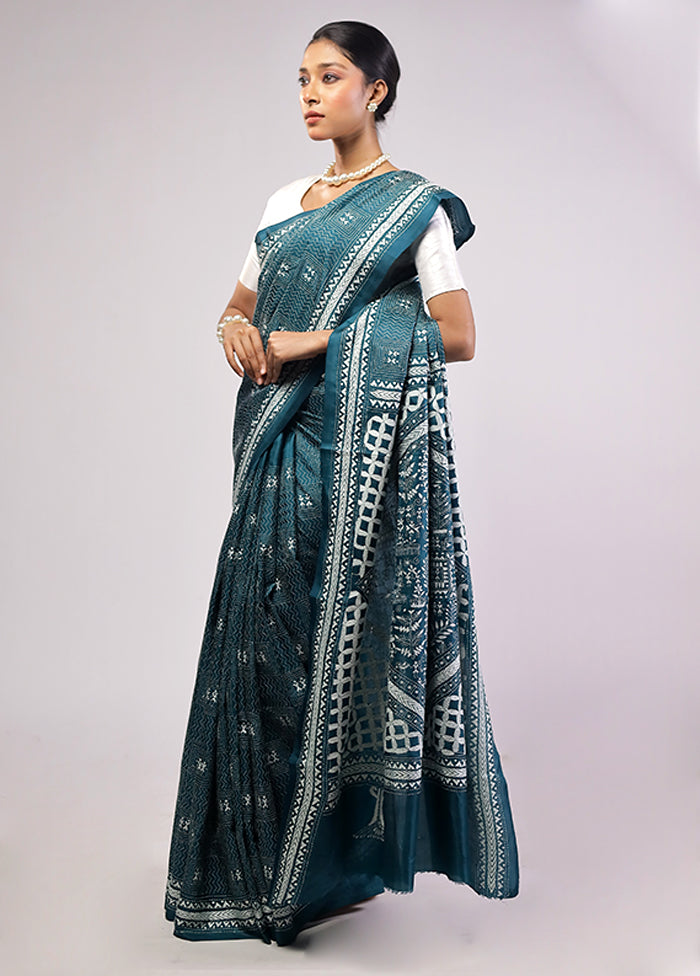 Green Handloom Kantha Stitch Pure Silk Saree With Blouse Piece