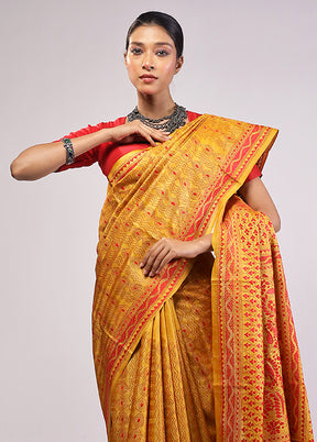 Yellow Handloom Kantha Stitch Pure Silk Saree With Blouse Piece
