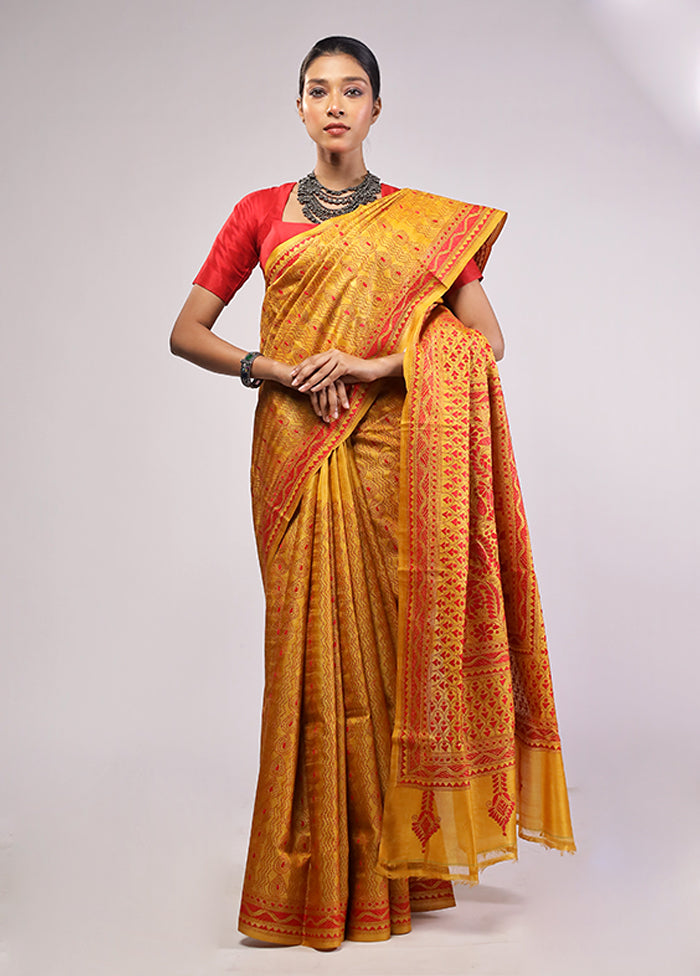 Yellow Handloom Kantha Stitch Pure Silk Saree With Blouse Piece