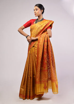 Yellow Handloom Kantha Stitch Pure Silk Saree With Blouse Piece