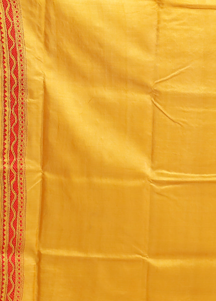 Yellow Handloom Kantha Stitch Pure Silk Saree With Blouse Piece