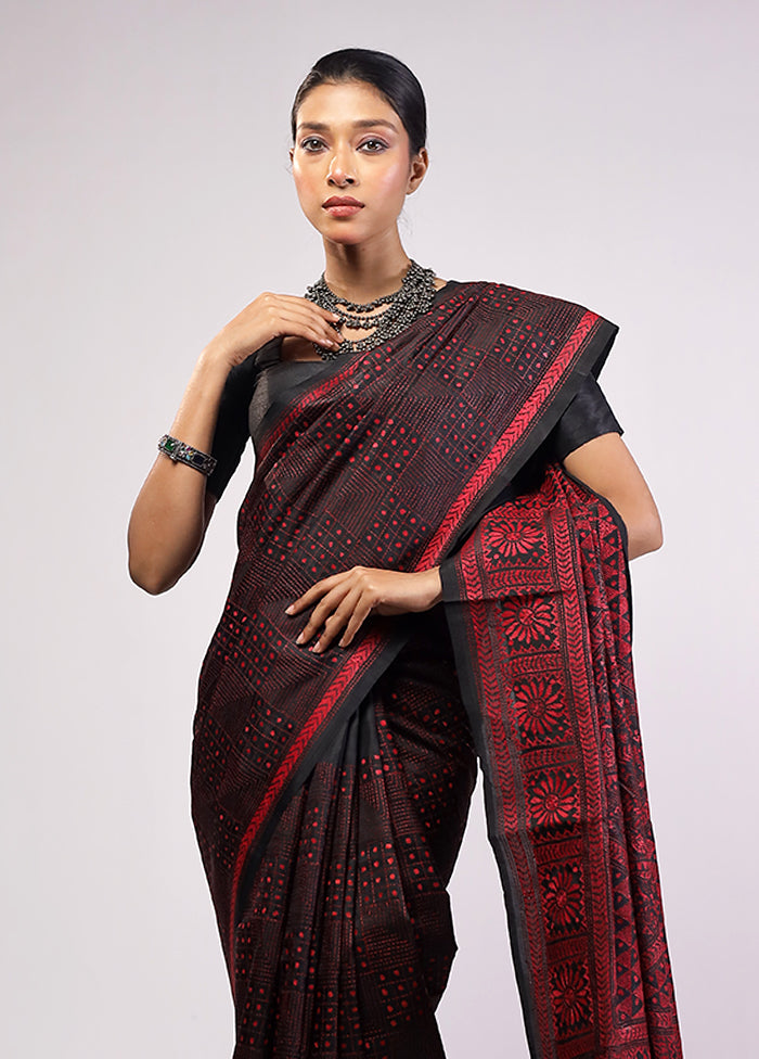 Black Handloom Kantha Stitch Pure Silk Saree With Blouse Piece