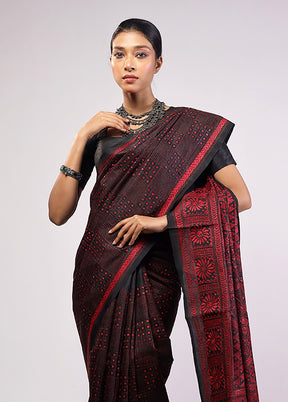 Black Handloom Kantha Stitch Pure Silk Saree With Blouse Piece