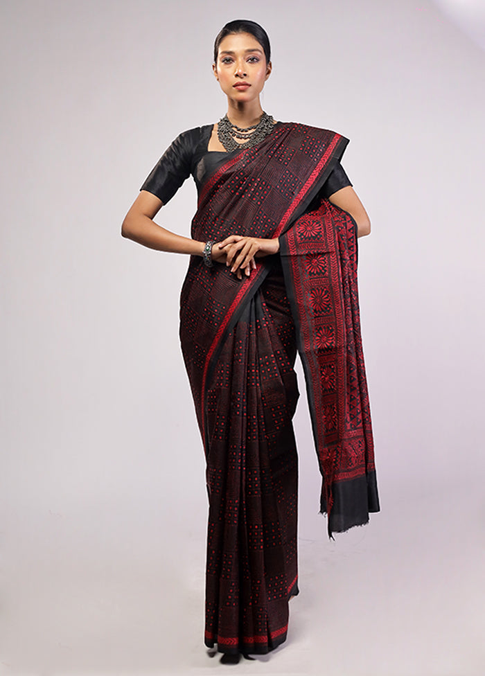Black Handloom Kantha Stitch Pure Silk Saree With Blouse Piece