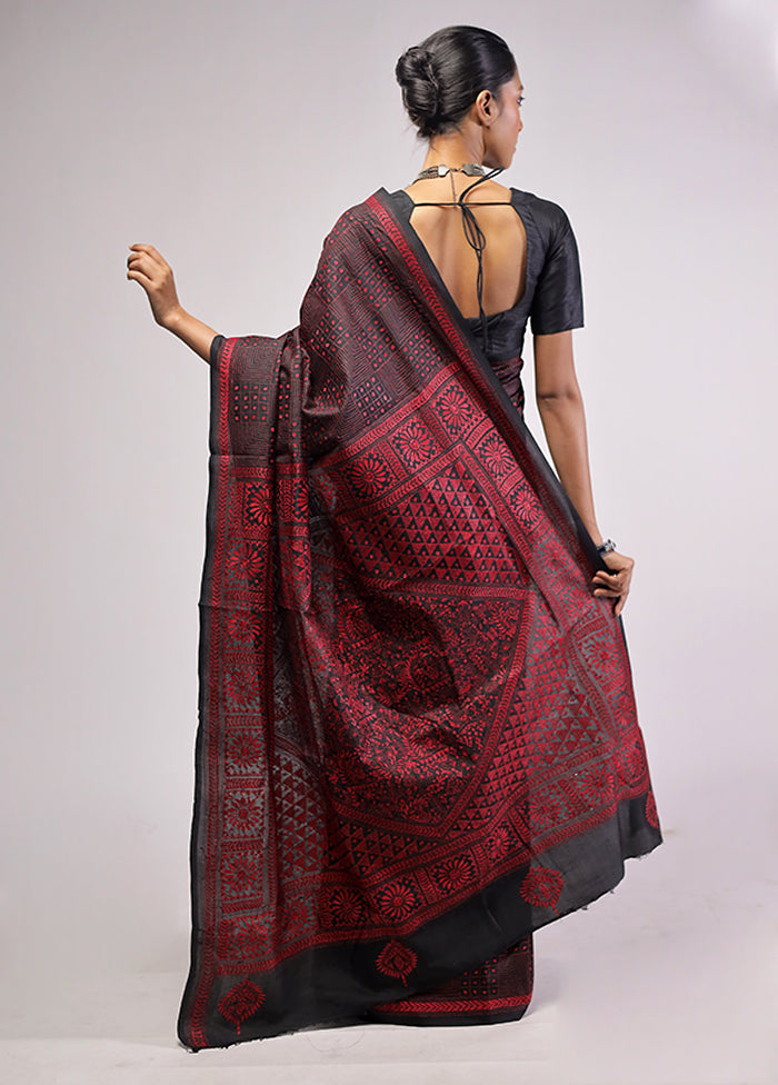 Black Handloom Kantha Stitch Pure Silk Saree With Blouse Piece