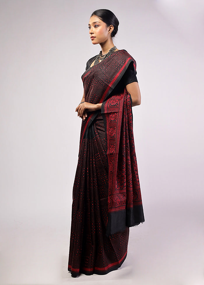 Black Handloom Kantha Stitch Pure Silk Saree With Blouse Piece