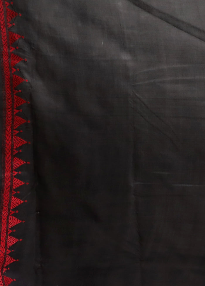 Black Handloom Kantha Stitch Pure Silk Saree With Blouse Piece