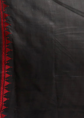 Black Handloom Kantha Stitch Pure Silk Saree With Blouse Piece
