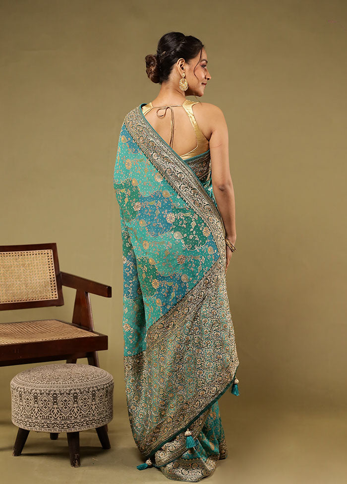 Green Handloom Pure Georgette Saree With Blouse Piece