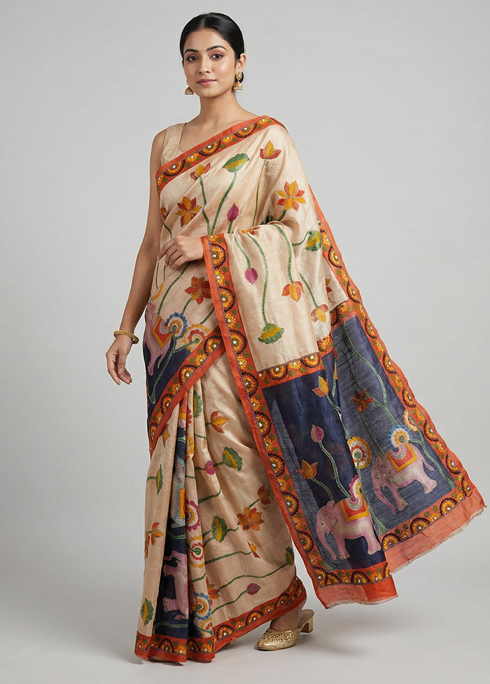 Cream Handloom Tussar Pure Silk Saree With Blouse Piece