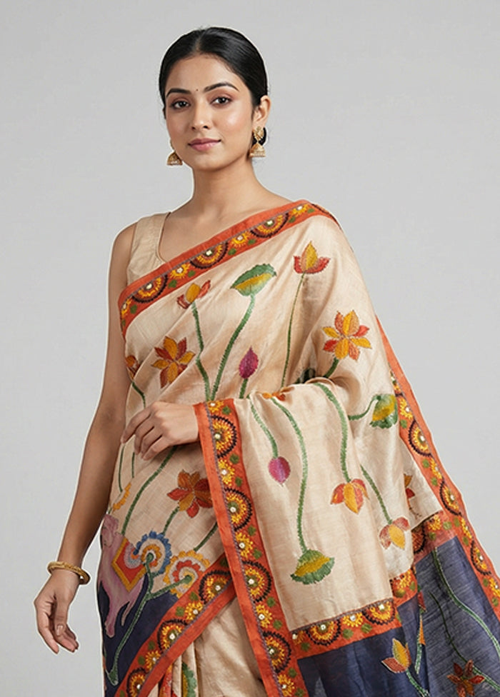 Cream Handloom Tussar Pure Silk Saree With Blouse Piece