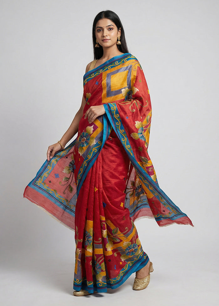 Maroon Handloom Tussar Pure Silk Saree With Blouse Piece