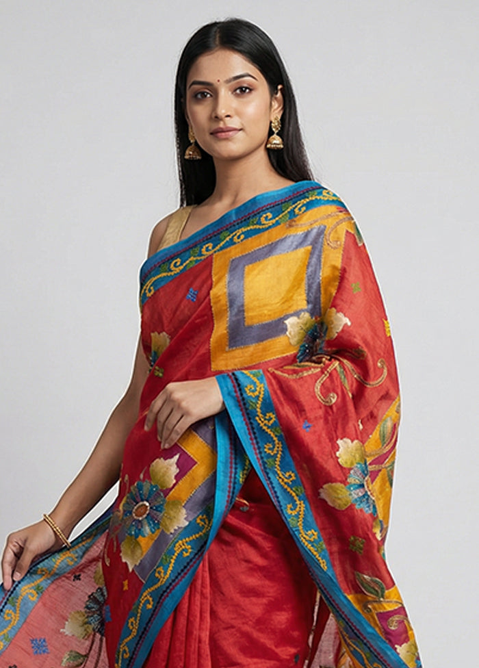 Maroon Handloom Tussar Pure Silk Saree With Blouse Piece