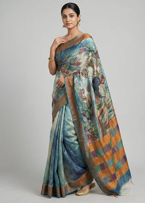 Green Handloom Tussar Pure Silk Saree With Blouse Piece