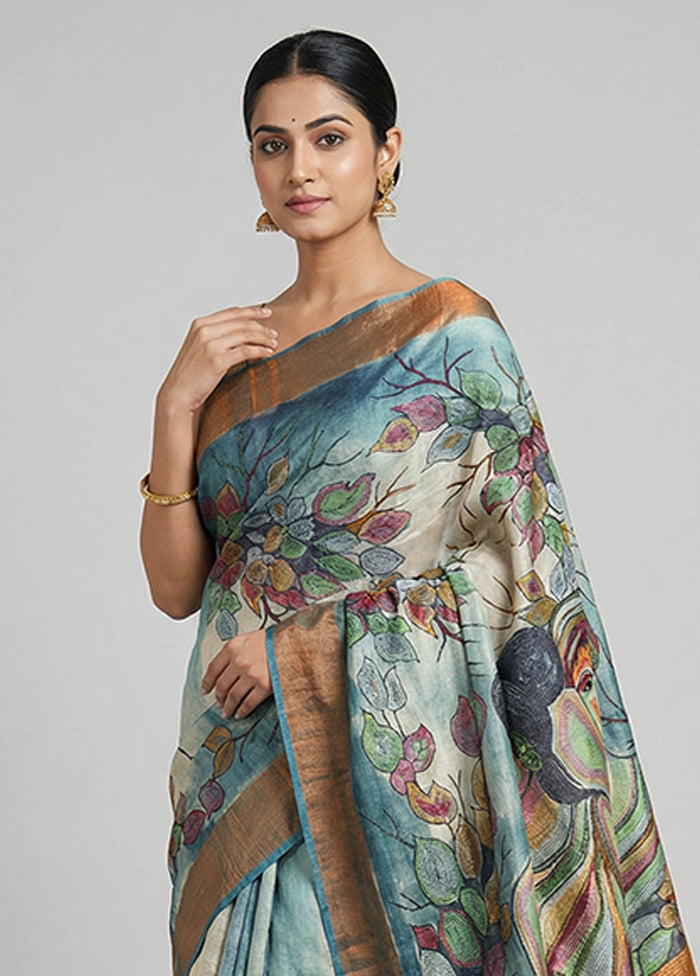 Green Handloom Tussar Pure Silk Saree With Blouse Piece