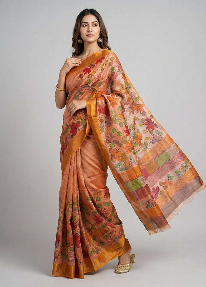 Cream Handloom Tussar Pure Silk Saree With Blouse Piece