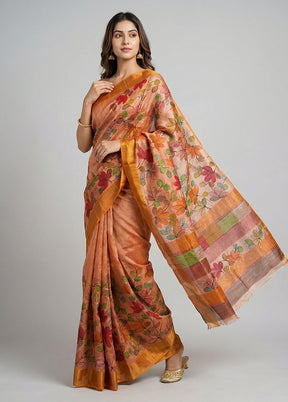 Cream Handloom Tussar Pure Silk Saree With Blouse Piece