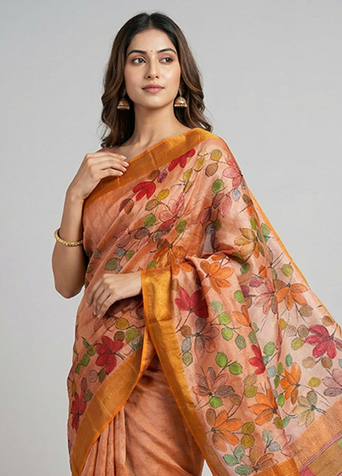 Cream Handloom Tussar Pure Silk Saree With Blouse Piece