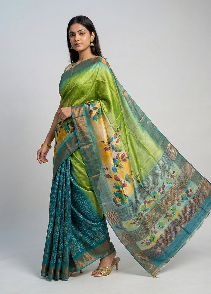 Blue Handloom Tussar Pure Silk Saree With Blouse Piece