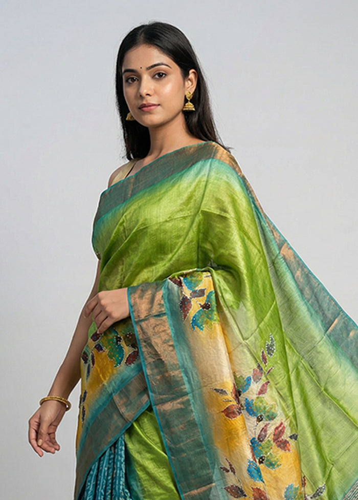 Blue Handloom Tussar Pure Silk Saree With Blouse Piece