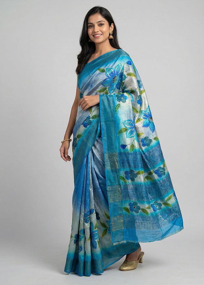 Blue Handloom Tussar Pure Silk Saree With Blouse Piece