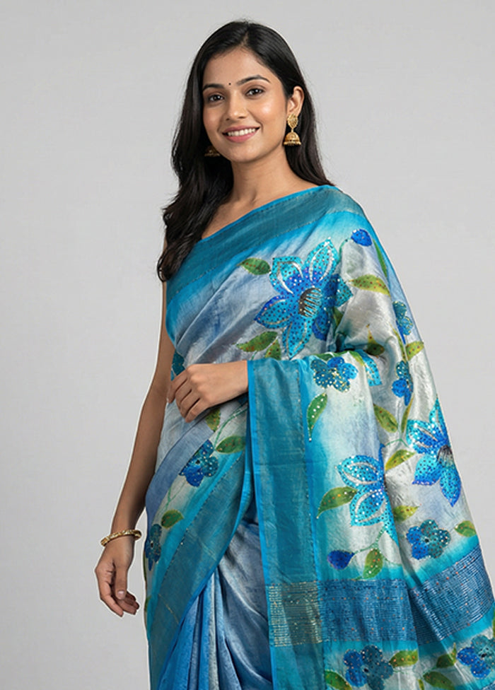 Blue Handloom Tussar Pure Silk Saree With Blouse Piece