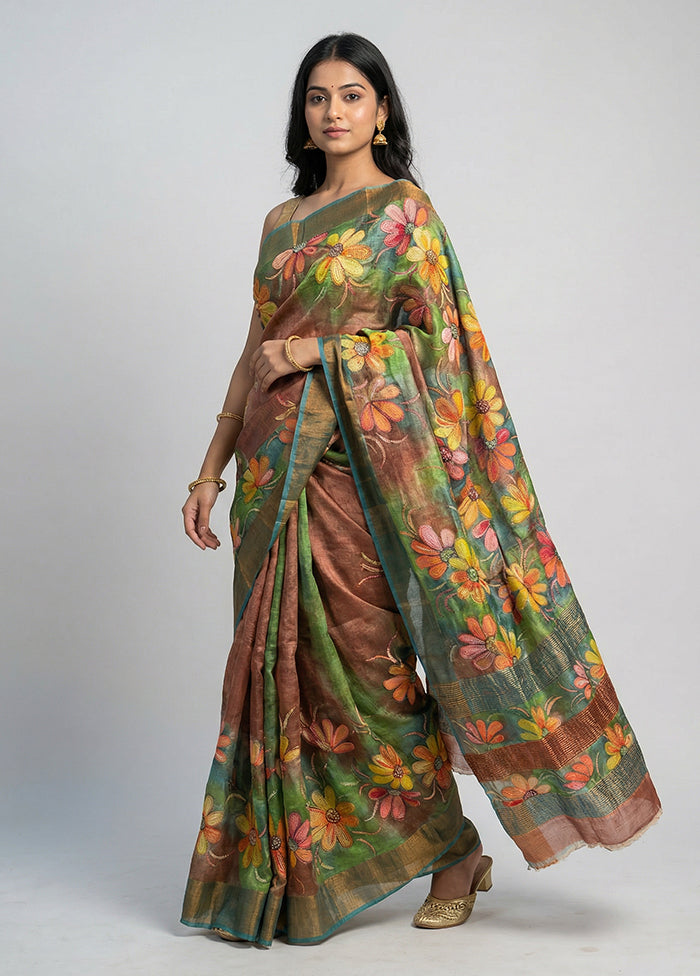 Blue Handloom Tussar Pure Silk Saree With Blouse Piece