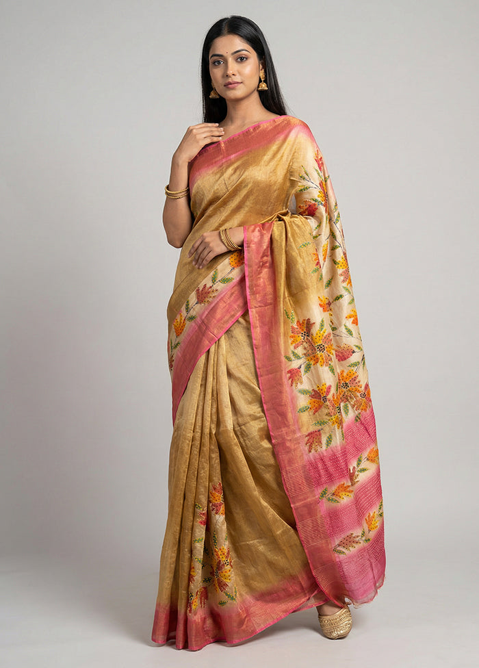 Pink Handloom Tussar Pure Silk Saree With Blouse Piece