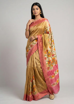 Pink Handloom Tussar Pure Silk Saree With Blouse Piece
