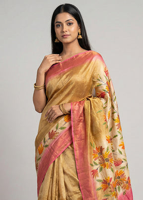 Pink Handloom Tussar Pure Silk Saree With Blouse Piece