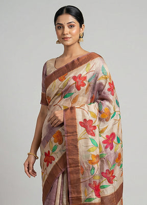 Cream Handloom Tussar Pure Silk Saree With Blouse Piece