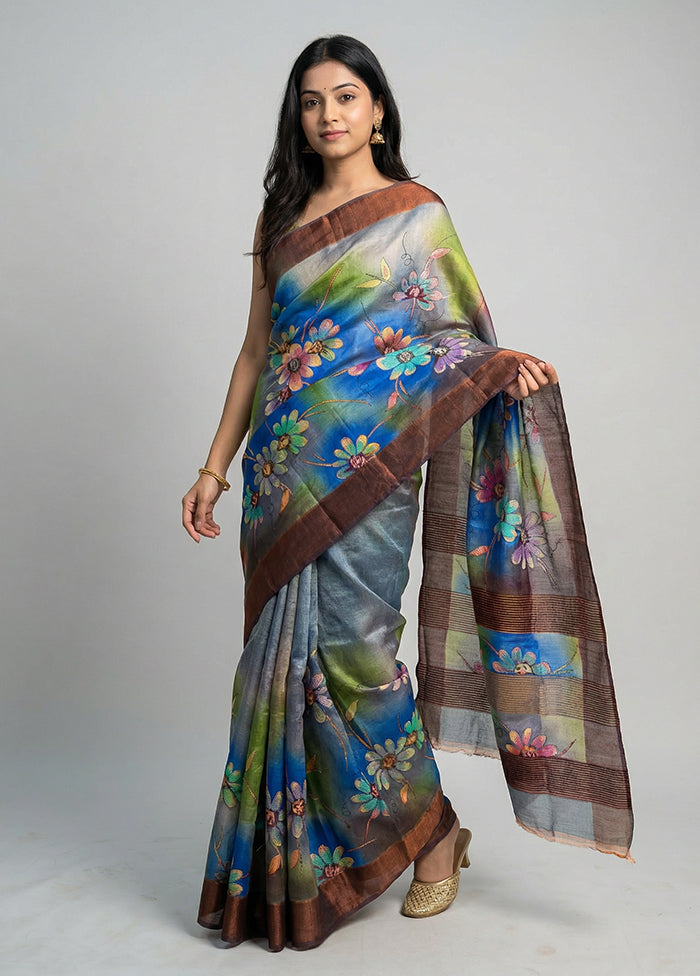 Grey Handloom Tussar Pure Silk Saree With Blouse Piece