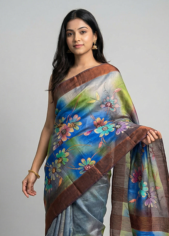 Grey Handloom Tussar Pure Silk Saree With Blouse Piece