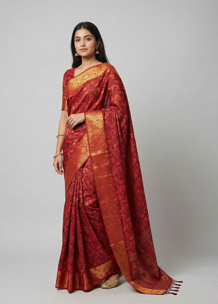 Maroon Dupion Silk Saree With Blouse Piece